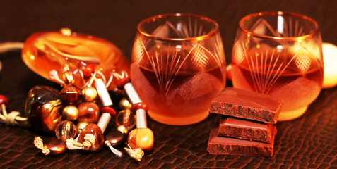 Liquor or brandy on table