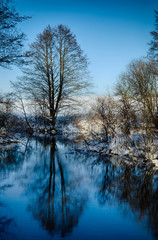 Beautiful cold winter landscape, Beautiful winter river in a frosty day,Very cold winter, The river crosses the icy wilderness, Sunny winter day