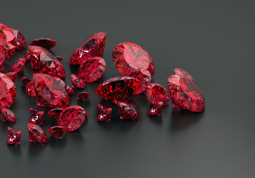 Red Ruby diamonds placed on black background, 3d