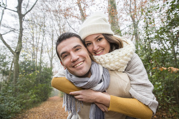 Young couple Walking  Winter Woodland