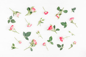 Pattern made of rose flowers on white background. Flat lay, top view