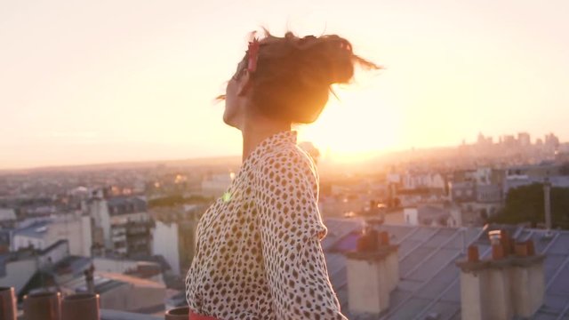 Paris, Happy woman enjoying view on the roofs, slow motion, HD movie (1920X1080)