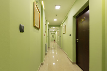 Fototapeta na wymiar Green hotel corridor