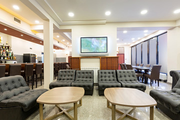 Interior of a hotel lobby cafe
