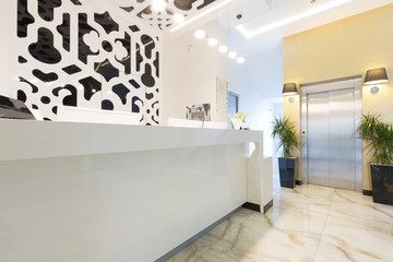 Reception area with reception desk in modern hotel
