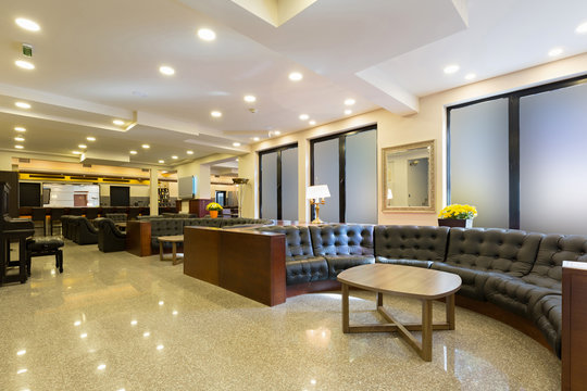 Interior of a hotel lobby cafe