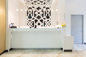 Reception area with reception desk in modern hotel