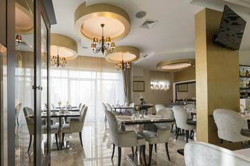 Interior of a modern luxury hotel restaurant