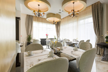 Interior of a modern luxury hotel restaurant