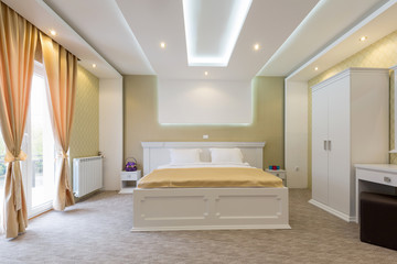 Interior of a new hotel double bed bedroom