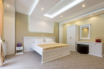 Interior of a new hotel double bed bedroom