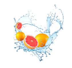 Fresh fruit in water splash, falling grapefruit, Abstract water splash with fresh fruits 