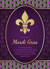 Mardi Gras holiday background. Golden glitter textured Fleur de lis. Vector greeting card or poster designe template EPS10.
