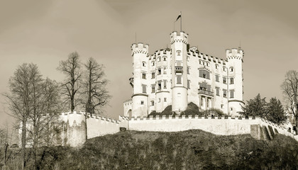 High resolution panorama of Hohenschwangau castle in the Bavarian Alps - Tirol, Germany (stylized...