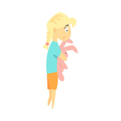 Sad Little Blond Girl With Toy Rabbit Feeling Blue, Part Of Depressed Female Cartoon Characters Series