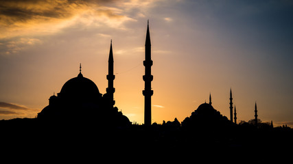 Istanbul, Turkey - February 14, 2016: Silhouette of old town - Sultanahmet mosques in setting sun in Istanbul Turkey