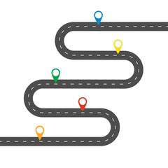 Simple winding road with multicolor pinpointers. Template for some steps or actions. Vector EPS 10