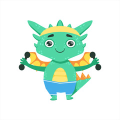 Little Anime Style Baby Dragon Exercising With Dumbbells Cartoon Character Emoji Illustration