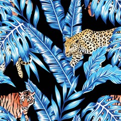 Materiał do szycia blue banana leaves tiger leopard seamless black background