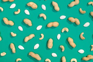 Peanut, pumpkin seeds and cashews flat lay