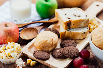 breakfast with cookie, bread , fresh fruits for healthy eating a