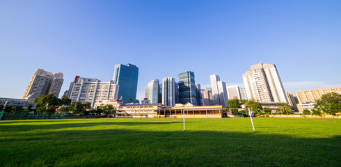 Fototapeta na wymiar grassland green field with trees and buildings cityscape