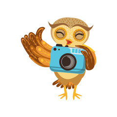 Fototapeta premium Tourist Owl With Camera Cute Cartoon Character Emoji With Forest Bird Showing Human Emotions And Behavior
