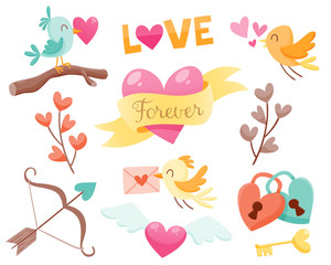 Set of cute Valentine day elements. Birds fall in love, hearts, love padlocks and more. Vector illustration for your design.