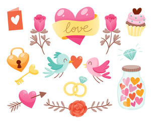 Set of cute Valentine day elements. Hearts, flowers, birds and more. Vector illustration for your design.