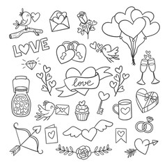 Set of cute Valentine day doodle elements. Hearts, flowers, birds, balloons and more. Vector illustration for your design. © insemar