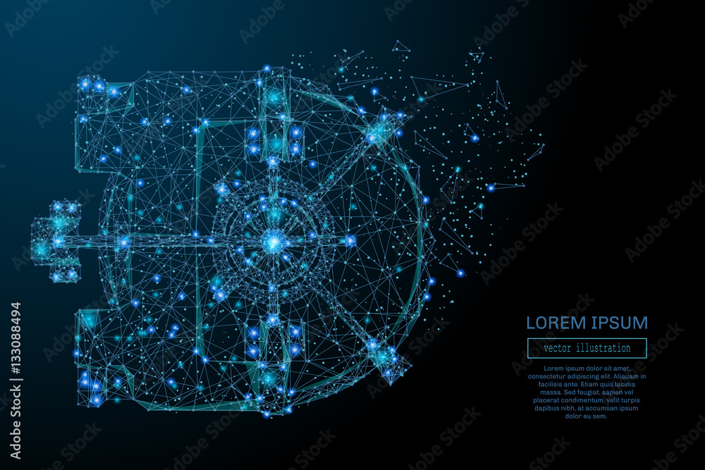 Aufkleber polygonal bank vault door in motion. vector mesh spheres from flying debris. thin line concept.
