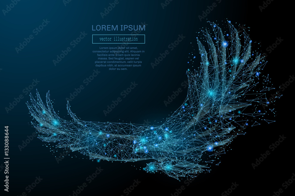 Poster Eagle in flight from abstract polygonal points blue. Low poly eagle in motion, lines and connected to form, vector illustration.