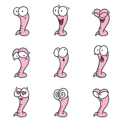 Set of funny worms isolated on white background. Doodle vector illustration.