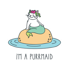 Doodle vector illustration of cute cat mermaid sitting om the rock. Can be used for t-short print, poster or card