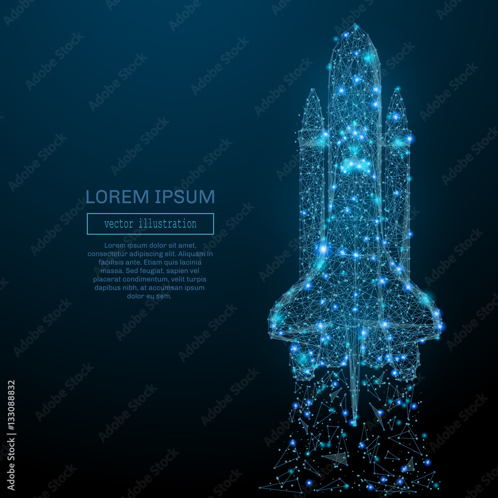 Poster Abstract image of a space shuttle in the form of a starry sky or space, consisting of points, lines, and shapes in the form of planets, stars and the universe. Cosmos vector wireframe concept.