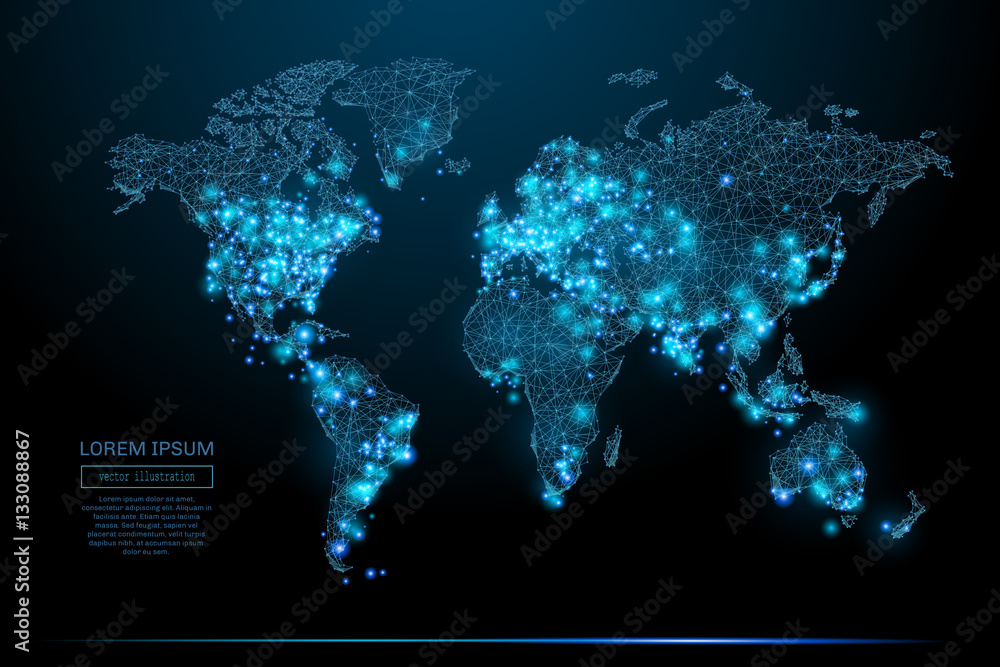 Poster Abstract image of a world map in the form of a starry sky or space, consisting of points, lines, and shapes in the form of planets, stars and the universe. World vector wireframe concept.