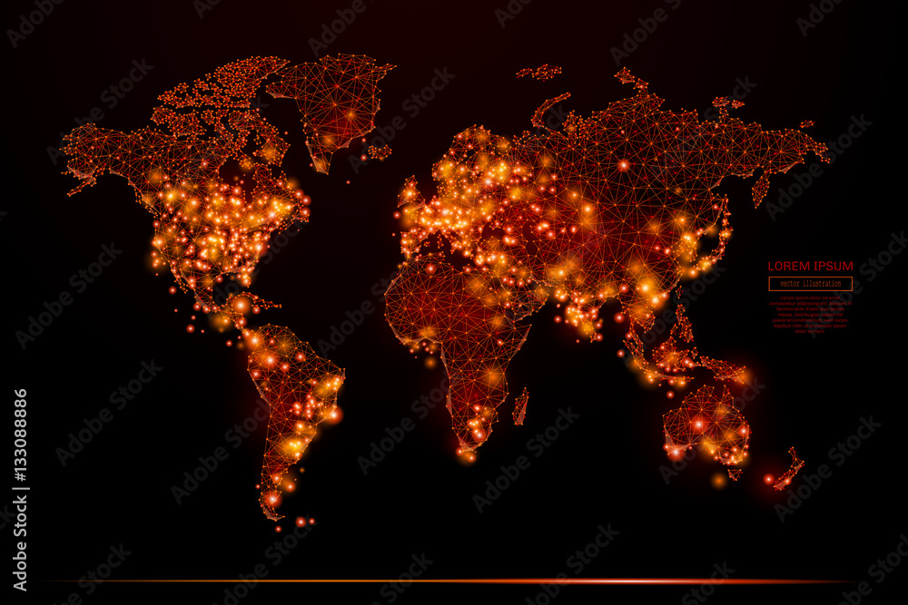 Leinwandbilder Abstract mash line and point world map in flames style on dark background with an inscription. World map of a starry sky or space, consisting of stars and the universe. Vector illustration