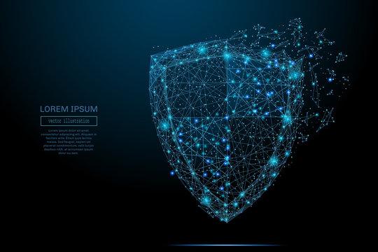 Security Shield composed of polygons. Business concept of data protection. Low poly vector illustration of a starry sky or Comos. The shield consists of lines, dots and shapes.