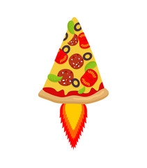 Hot Pizza rocket. Piece of fast food and flame