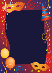 Naklejka premium Carnival party background frame. Decorative background for carnival and party invitation cards with masks, colored balloons and confetti.