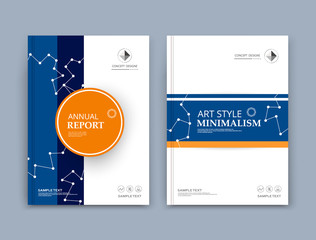 Obraz premium Abstract composition. Orange circle, blue square texture. Dots, lines, chain parts construction. White brochure title sheet. Creative figure icon surface. Box block section banner form. Ad flyer font.