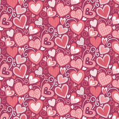 Pink ornate hearts background. Editable vector seamless pattern.