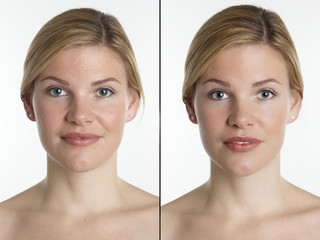 Junge Frau mit und ohne Make-up. Vorher - Nachher