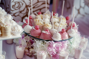 Tasty pink and white candies  served on plate with hydrangeas un