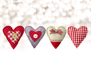 hand made textile hearts. Textile handicraft isolated on white background. Valentines Day, Wedding...