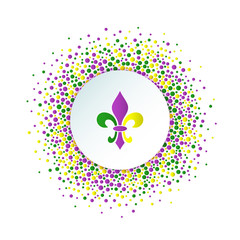 Mardi Gras holiday background. Round dotted frame with colorful fleur de lis. Vector template suitable for greeting cards, invitations, posters, prints. EPS10.