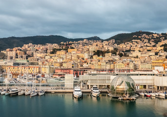 Fototapeta na wymiar Aerial view of the downtown of Genoa from the harbor