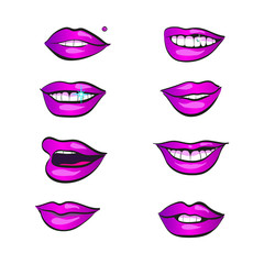 Women lips icon with emotions in purple. Vector.