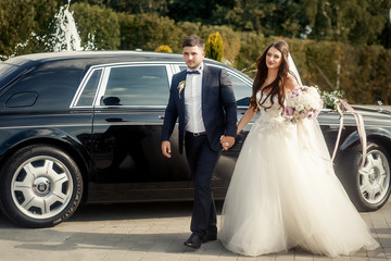 Bride and groom walk from black Rolls Royce holding their hands