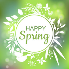 Happy Spring green card design with a textured abstract background and text in square floral frame
